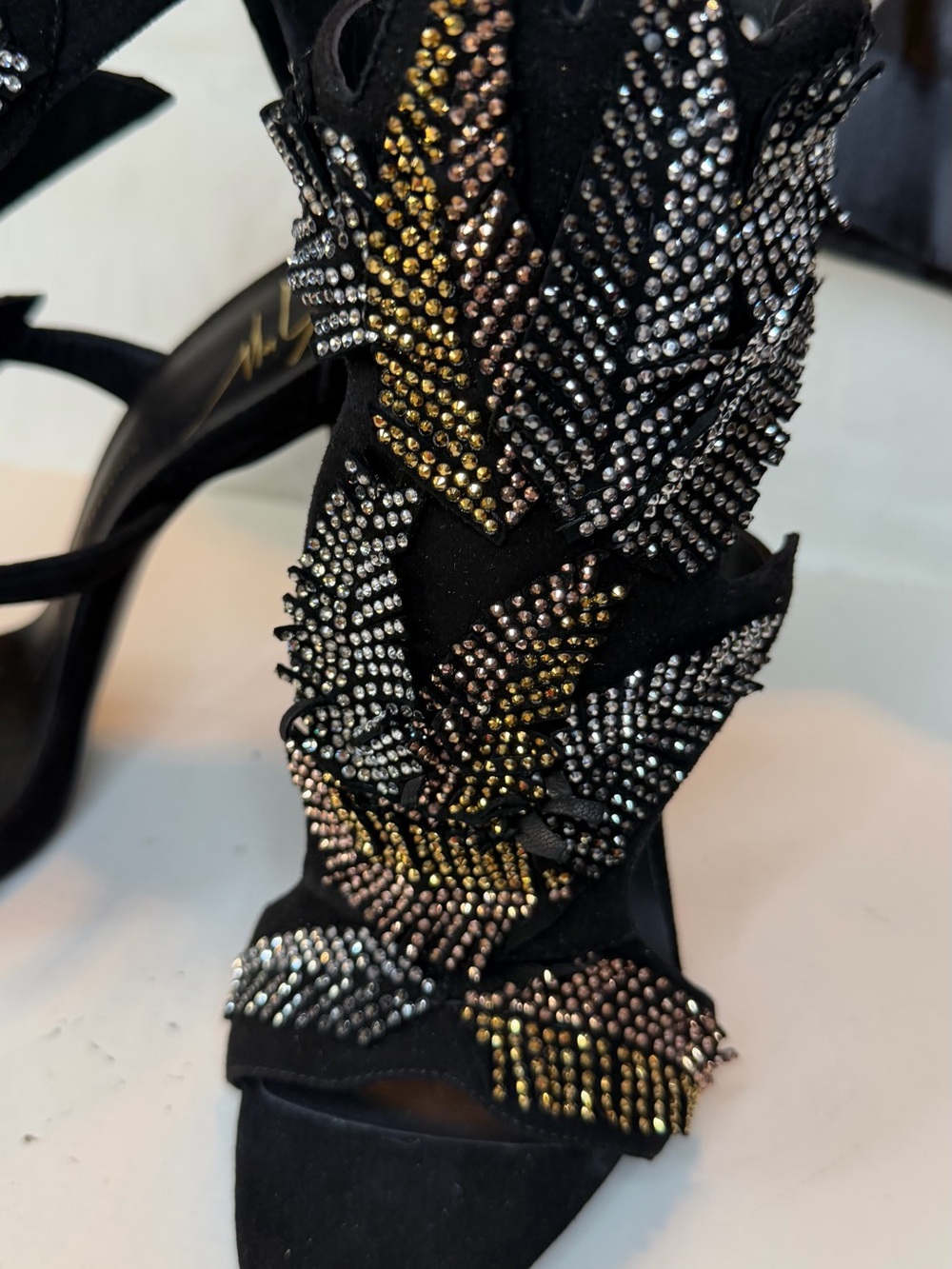 Giuseppe Zanotti Black Suede Crystal Leaf Embellished High Heels - Picture 6 of 9